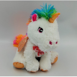 Peluche licorne blanche rose bleu vert arc en ciel FIZZY