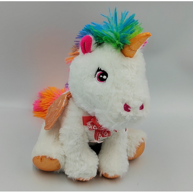 Peluche licorne blanche rose bleu vert arc en ciel FIZZY