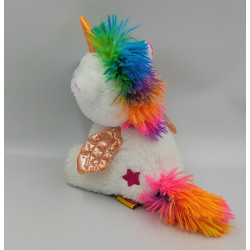Peluche licorne blanche rose bleu vert arc en ciel FIZZY