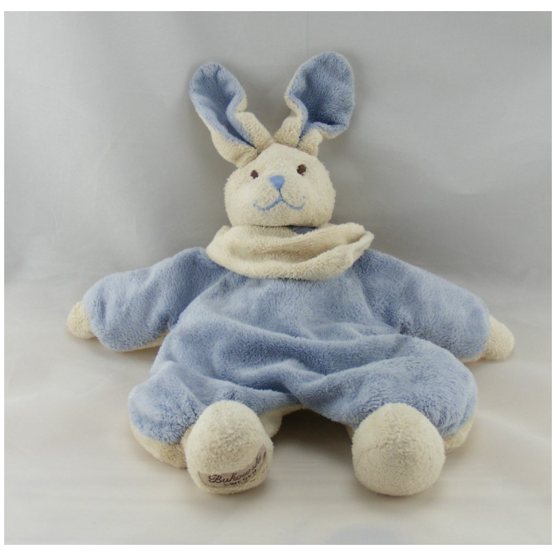 Doudou semi plat lapin bleu blanc éponge BUKOWSKI