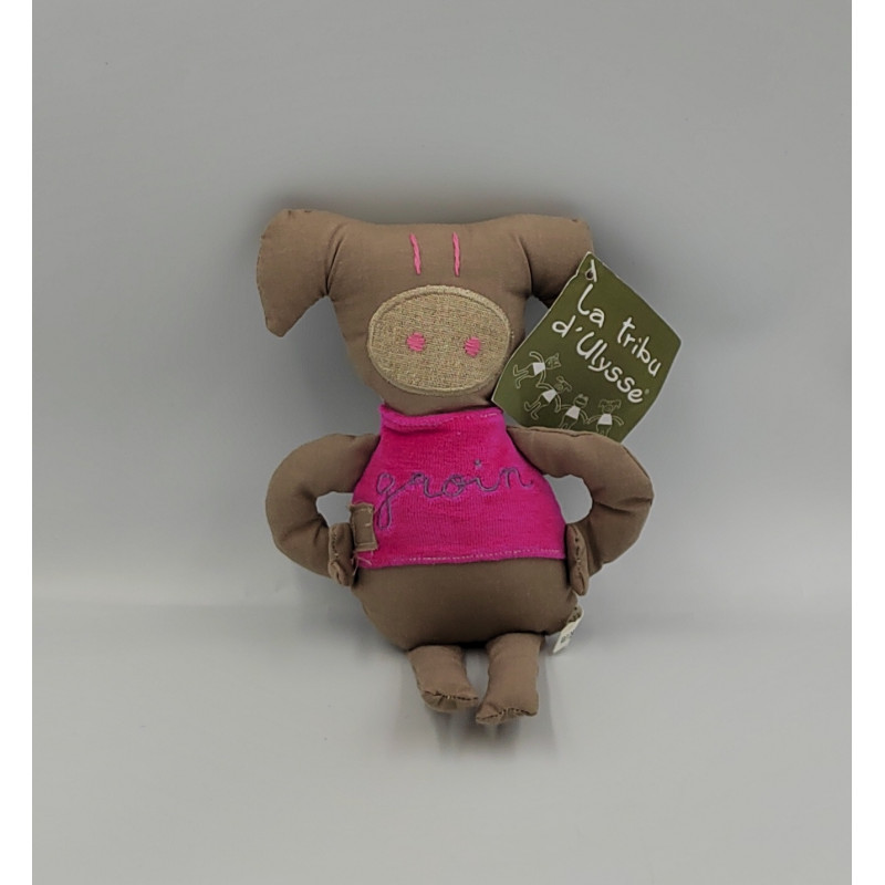 Doudou cochon marron rose JARDIN D'ULYSSE