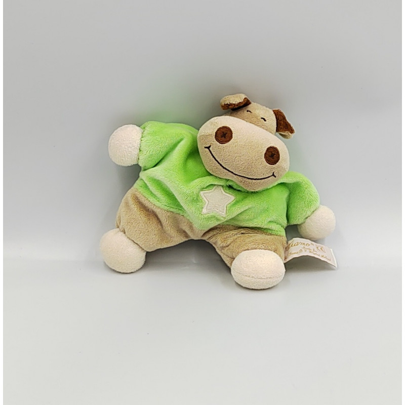 Doudou semi plat hippopotame beige vert TIAMO COLLECTION