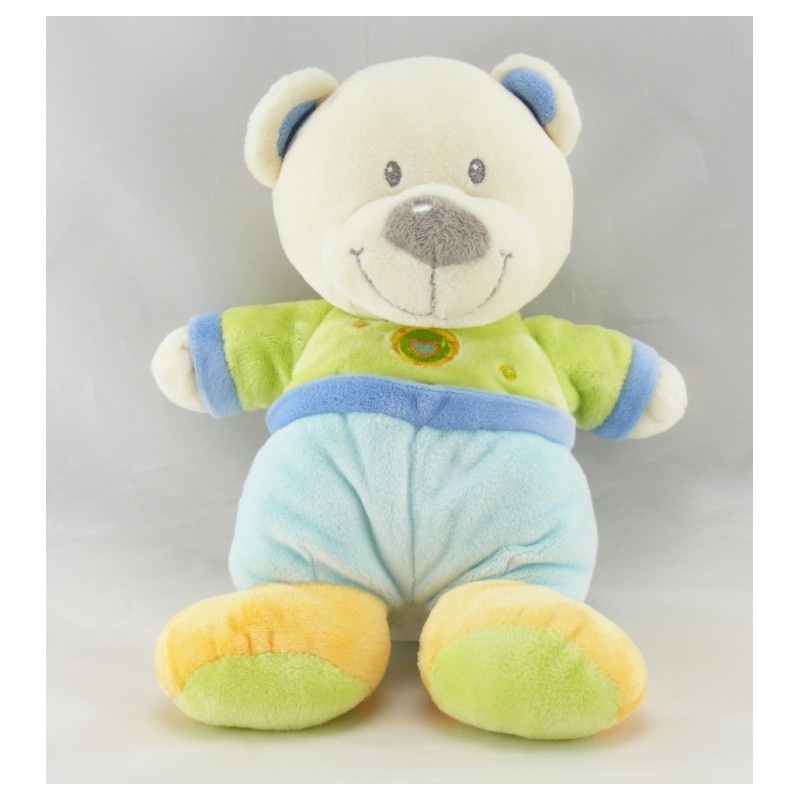 Doudou plat rond ours bleu vert jaune coeur NICOTOY