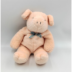 Doudou peluche cochon rose noeud bleu