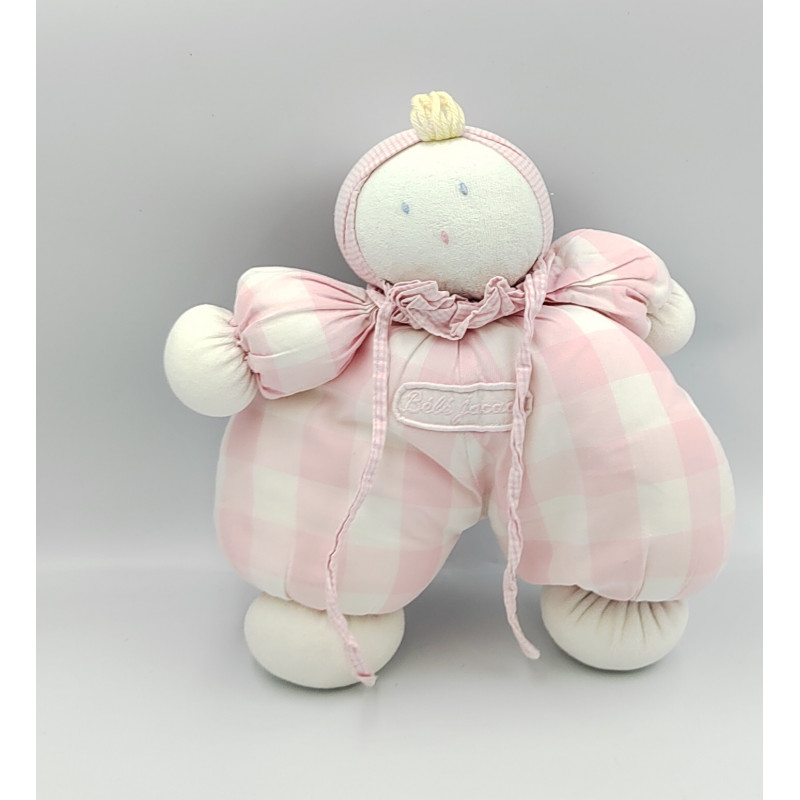 Doudou poupée lutin blanc rose carreaux JACADI