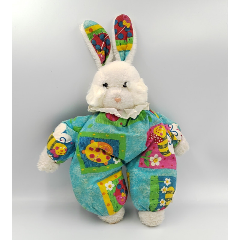 Ancien doudou peluche lapin blanc bleu vert rose abeille coccinelle