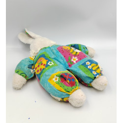 Ancien doudou peluche lapin blanc bleu vert rose abeille coccinelle