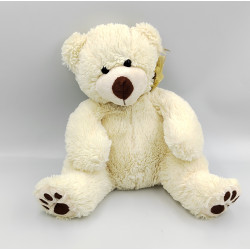 Peluche ours blanc écru noeud feuilles