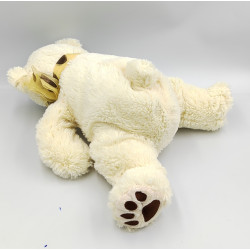 Peluche ours blanc écru noeud feuilles