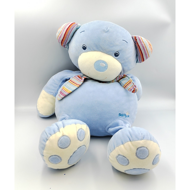 Grand Doudou ours bleu écharpe rayé BABYSUN