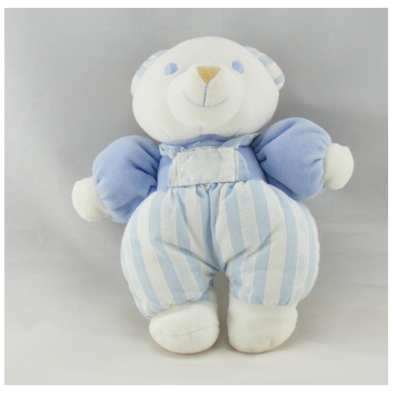 Doudou lapin blanc salopette rayé bleu TARTINE ET CHOCOLAT