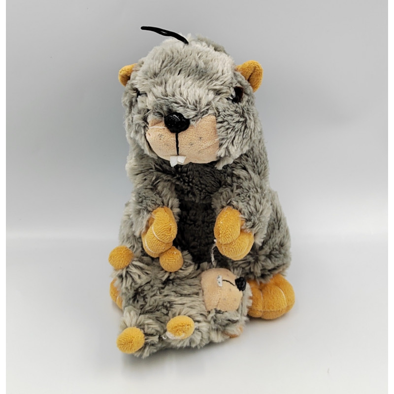 Peluche marmotte marron avec bébé