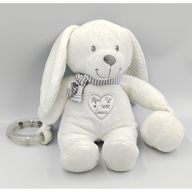 Doudou lapin blanc gris coeurs hochet balle POMMETTE