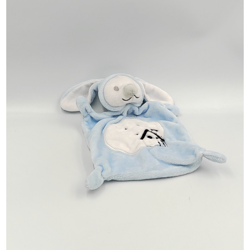 Doudou plat lapin bleu blanc maison GRAIN DE BLE