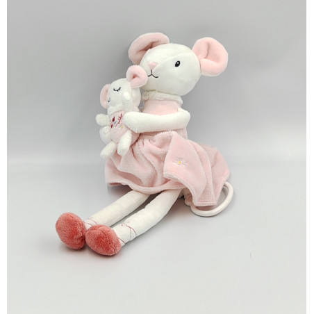 Doudou musical souris rose blanche fleurs oiseau avec bébé TEX