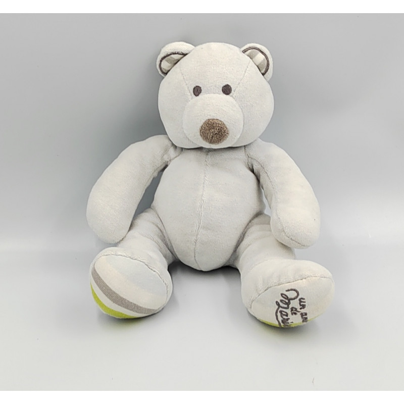 Doudou ours gris blanc vert rayé MARESE