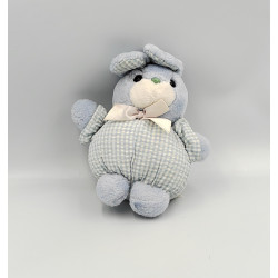 Ancien Doudou peluche lapin boule bleu blanc vichy NOUNOURS