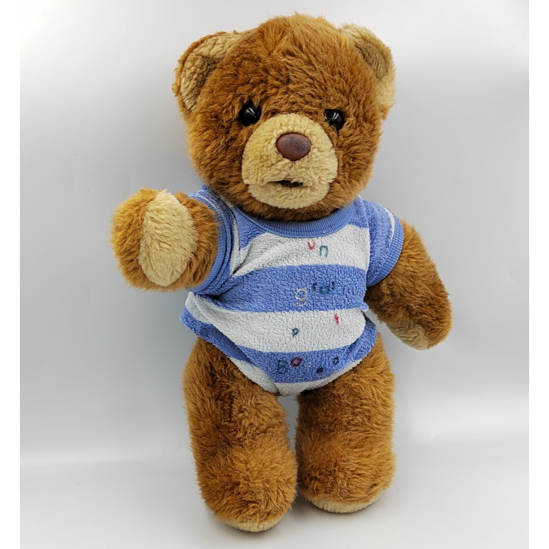 Ancienne peluche ours marron beige body bleu rayé