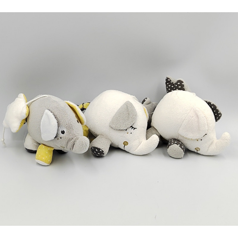 Petits doudous éléphants blanc gris jaune Babyfan SAUTHON
