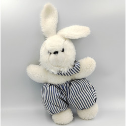 Ancienne peluche lapin blanc bleu rayé CREAPRIM