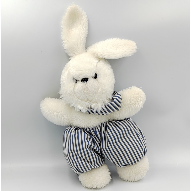 Ancienne peluche lapin blanc bleu rayé CREAPRIM