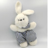 Ancienne peluche lapin blanc bleu rayé CREAPRIM