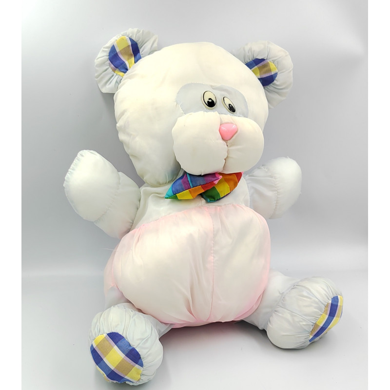 Peluche Puffalump ours souris blanc bleu rose carreaux