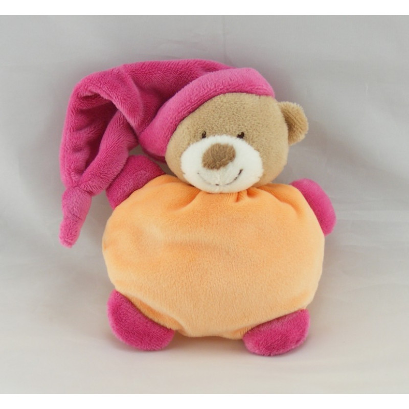Doudou semi plat ours orange bonnet rose coeur NATTOU