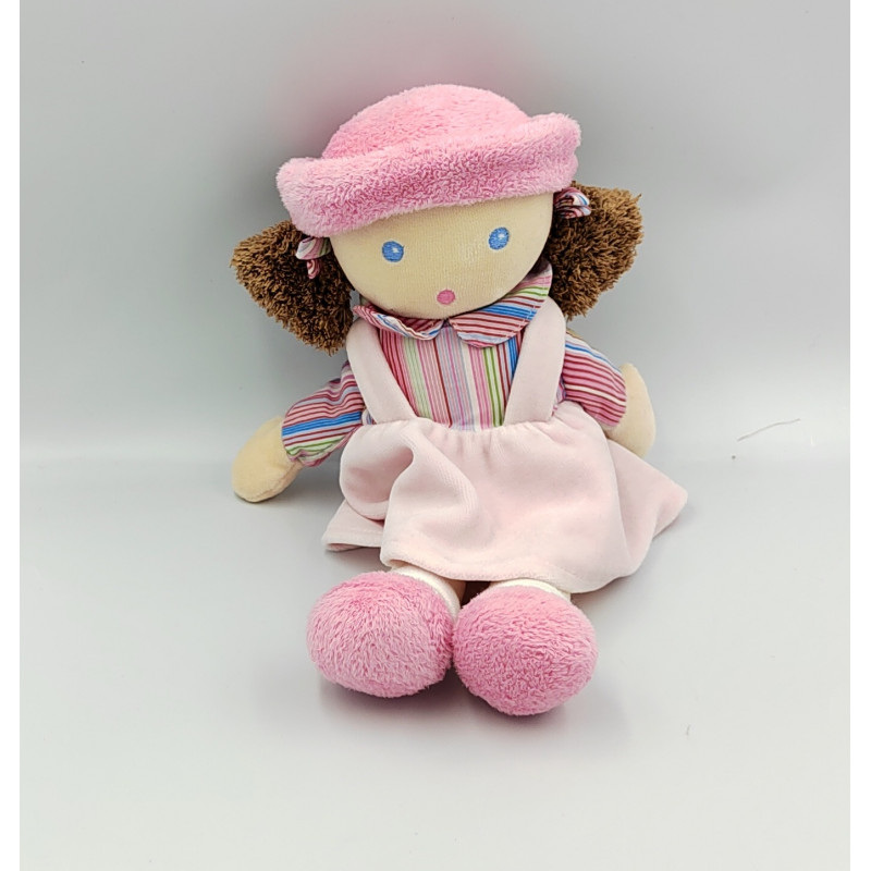 Doudou poupée fille robe rose rayé NOUNOURS