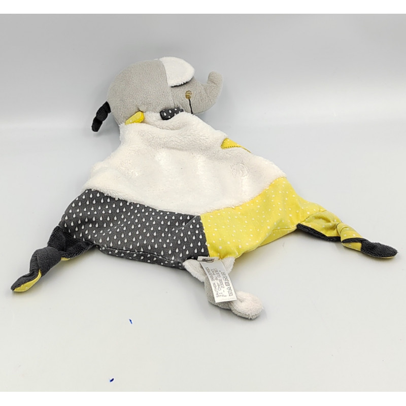 Doudou plat éléphant blanc gris jaune Babyfan SAUTHON