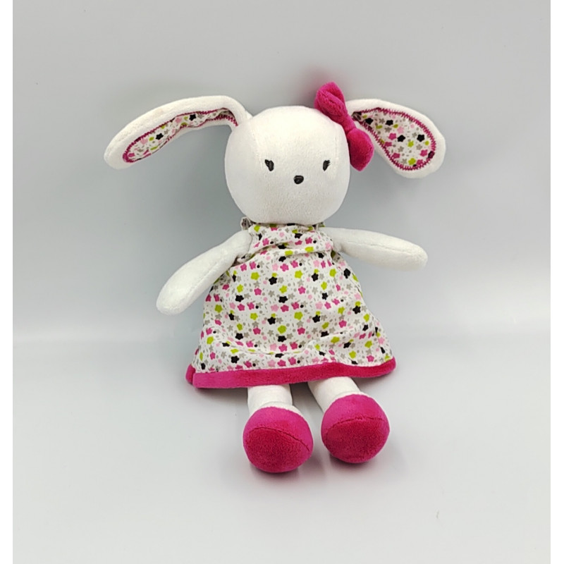 Doudou lapin blanc rose vert fleurs ORCHESTRA PREMAMAN