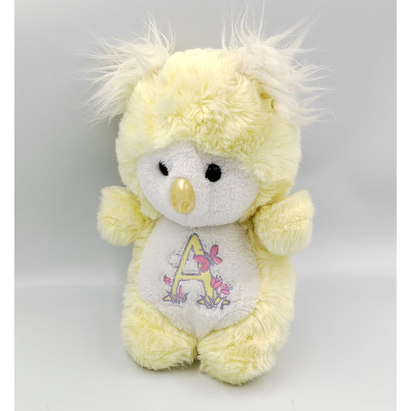 Ancienne peluche oiseau hibou chouette jaune AJENA