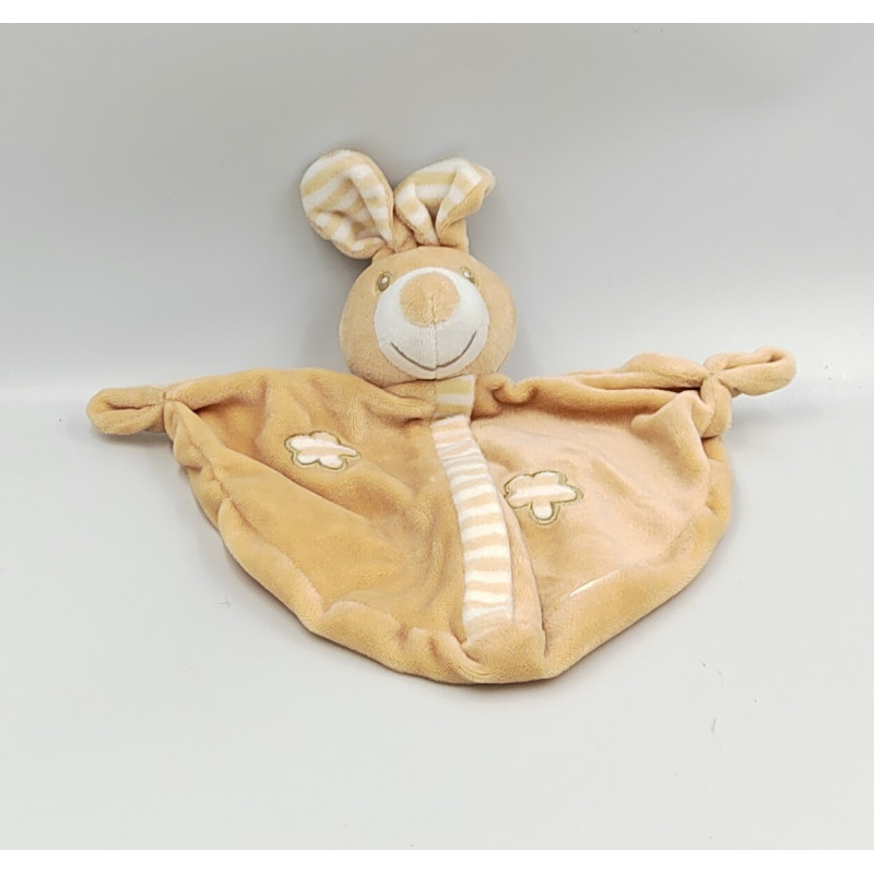 Doudou plat lapin beige blanc rayé fleurs CA CREDIT AGRICOLE