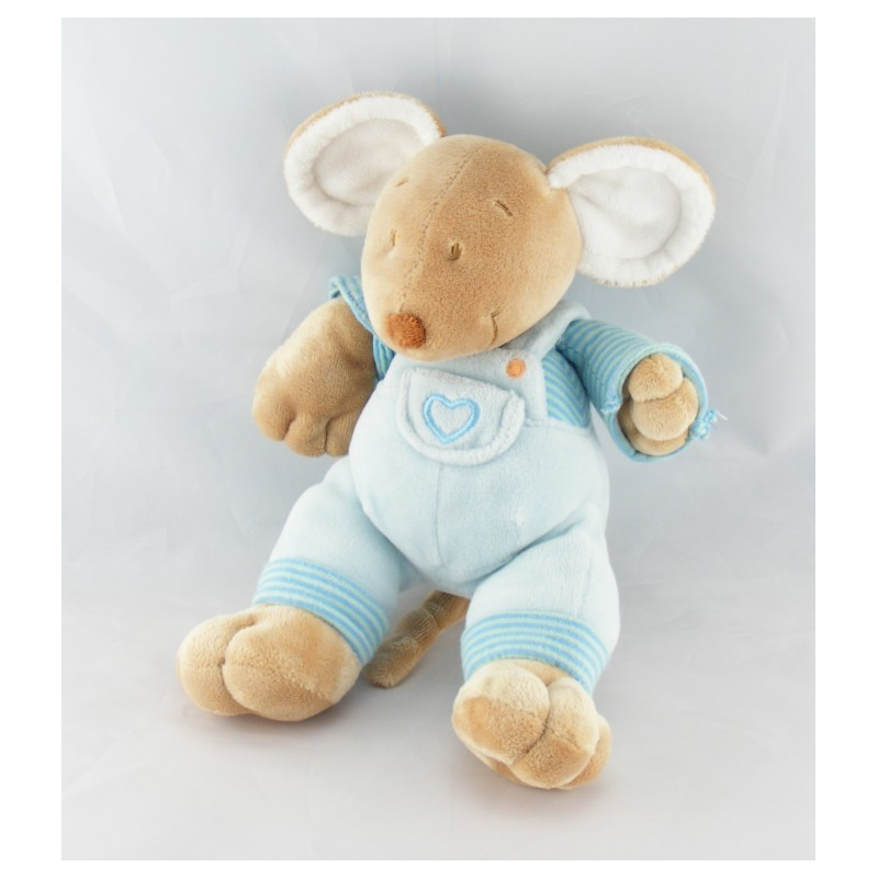 Doudou plat souris bleu rayé coeur MOTS D'ENFANTS