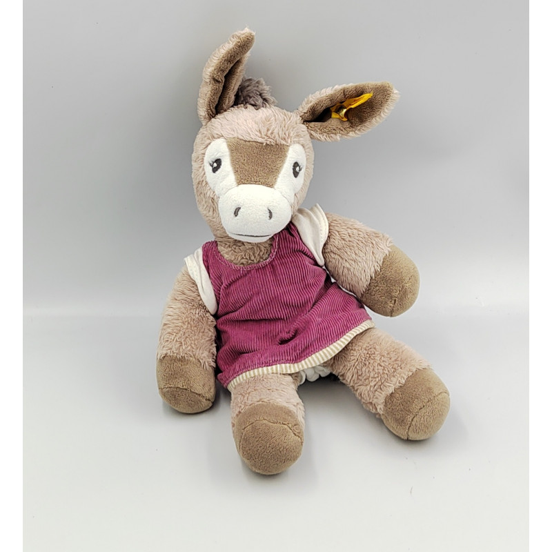 Peluche ane marron beige blanc robe rose STEIFF