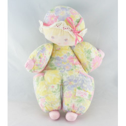 Doudou poupée chiffon rose carreaux robe fleurs couettes COROLLE