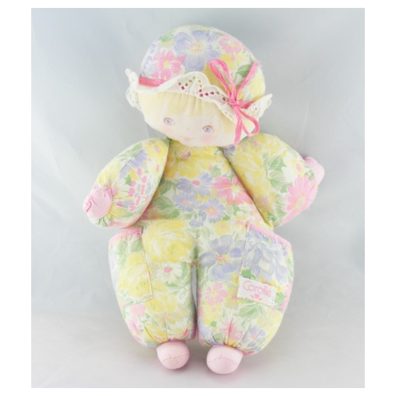 Doudou poupée chiffon rose carreaux robe fleurs couettes COROLLE