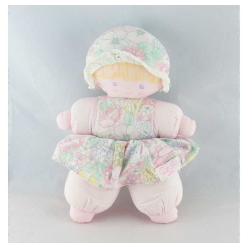 Doudou poupée chiffon fleurs rose jaune bleu chapeau COROLLE