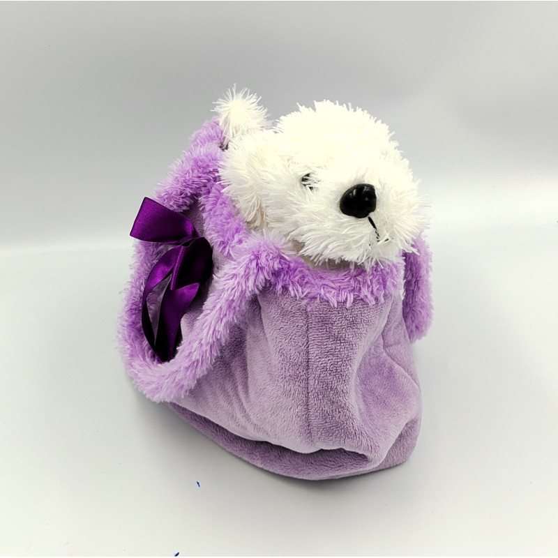 Doudou peluche chien blanc dans son sac violet SCA LOISIRS