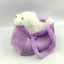 Doudou peluche chien blanc dans son sac violet SCA LOISIRS