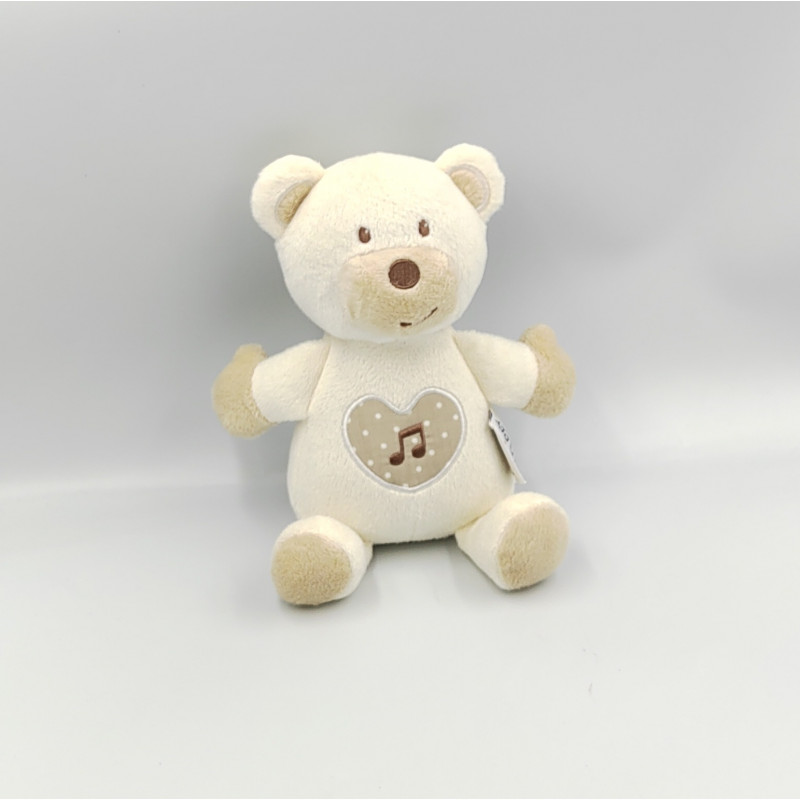 Doudou musical ours blanc beige gris pois TINEO