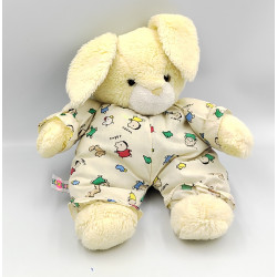 Ancien doudou peluche lapin blanc écru poules chiens KEOKEE