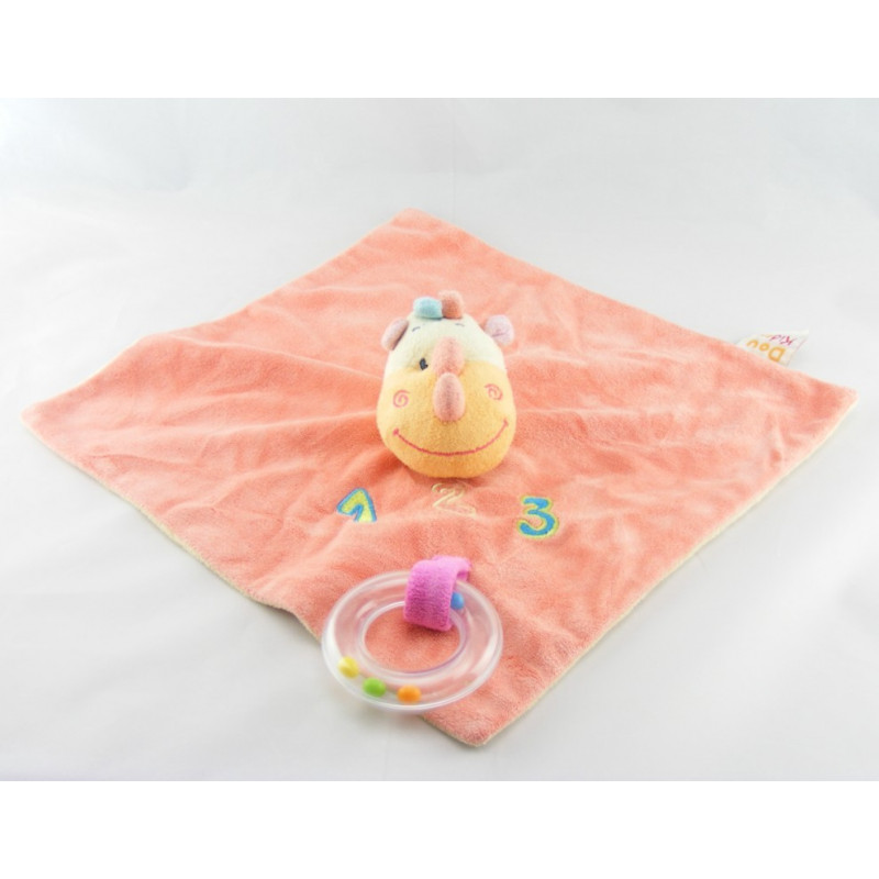 Doudou rhinocéros rose multicolore avec hochet DOUKIDOU