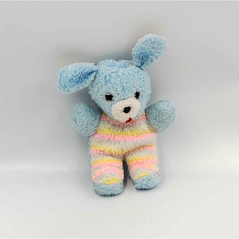 Ancien doudou peluche lapin bleu rayé rose jaune blanc