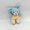 Ancien doudou peluche lapin bleu rayé rose jaune blanc