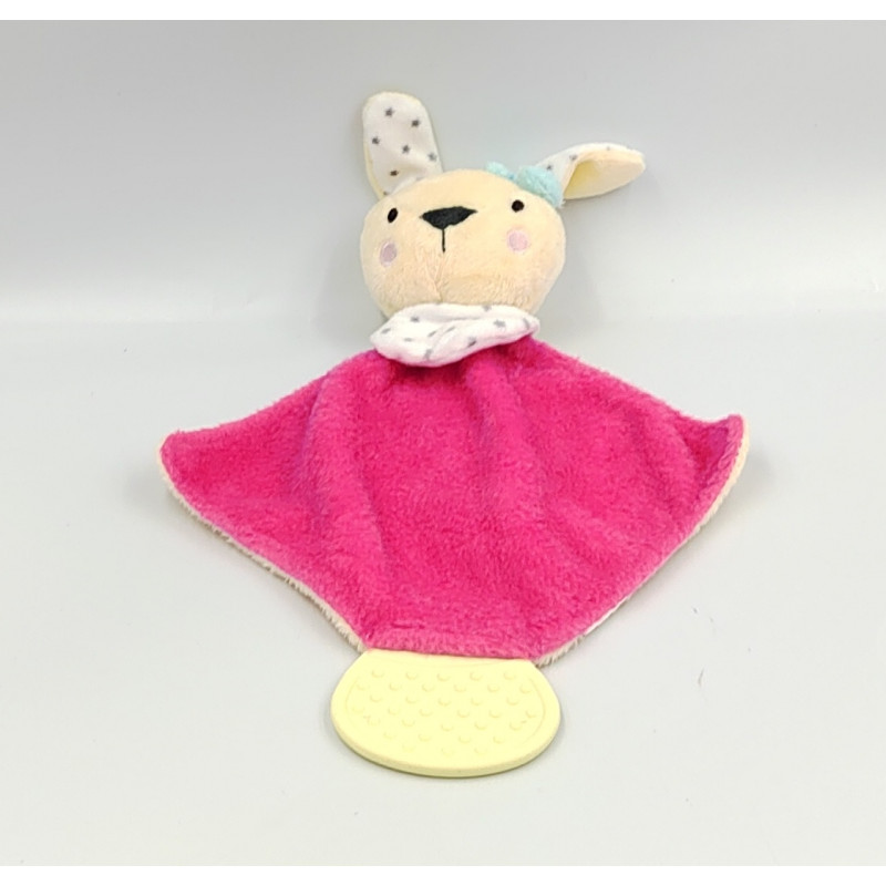 Doudou plat lapin rose jaune blanc bleu étoiles dentition TOM & ZOE