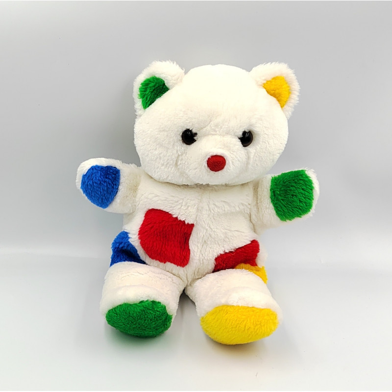 Ancienne peluche ours blanc rouge vert bleu jaune