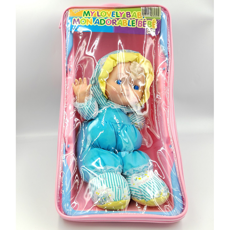 Ancienne poupée chiffon tissu bleu jaune fleurs avec panier NICOTOY