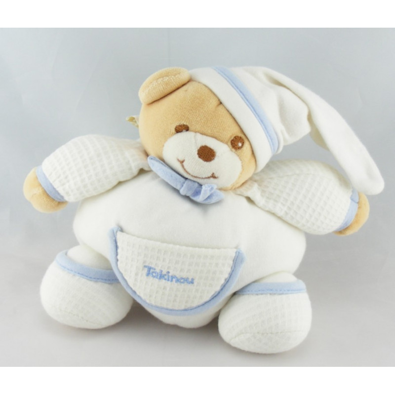 Doudou ours boule blanc bleu poche TAKINOU