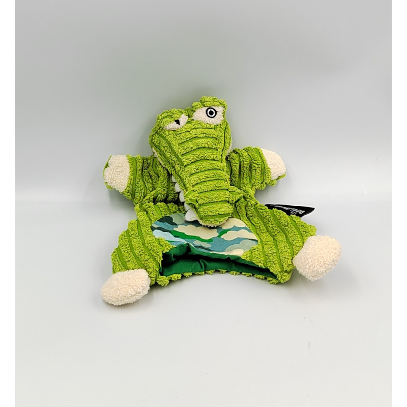 Doudou plat marionnette Aligatos crocodile vert LES DEGLINGOS